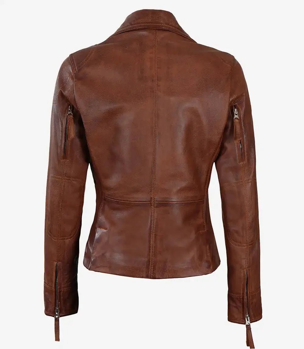 Ramsey Women's Cognac Brown Asymmetrical Leather Jacket - Vox Leather