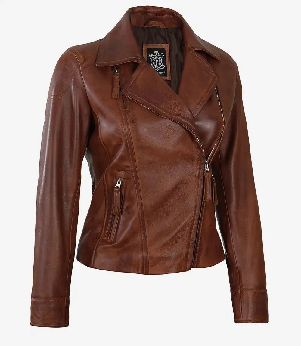 Ramsey Women's Cognac Brown Asymmetrical Leather Jacket - Vox Leather