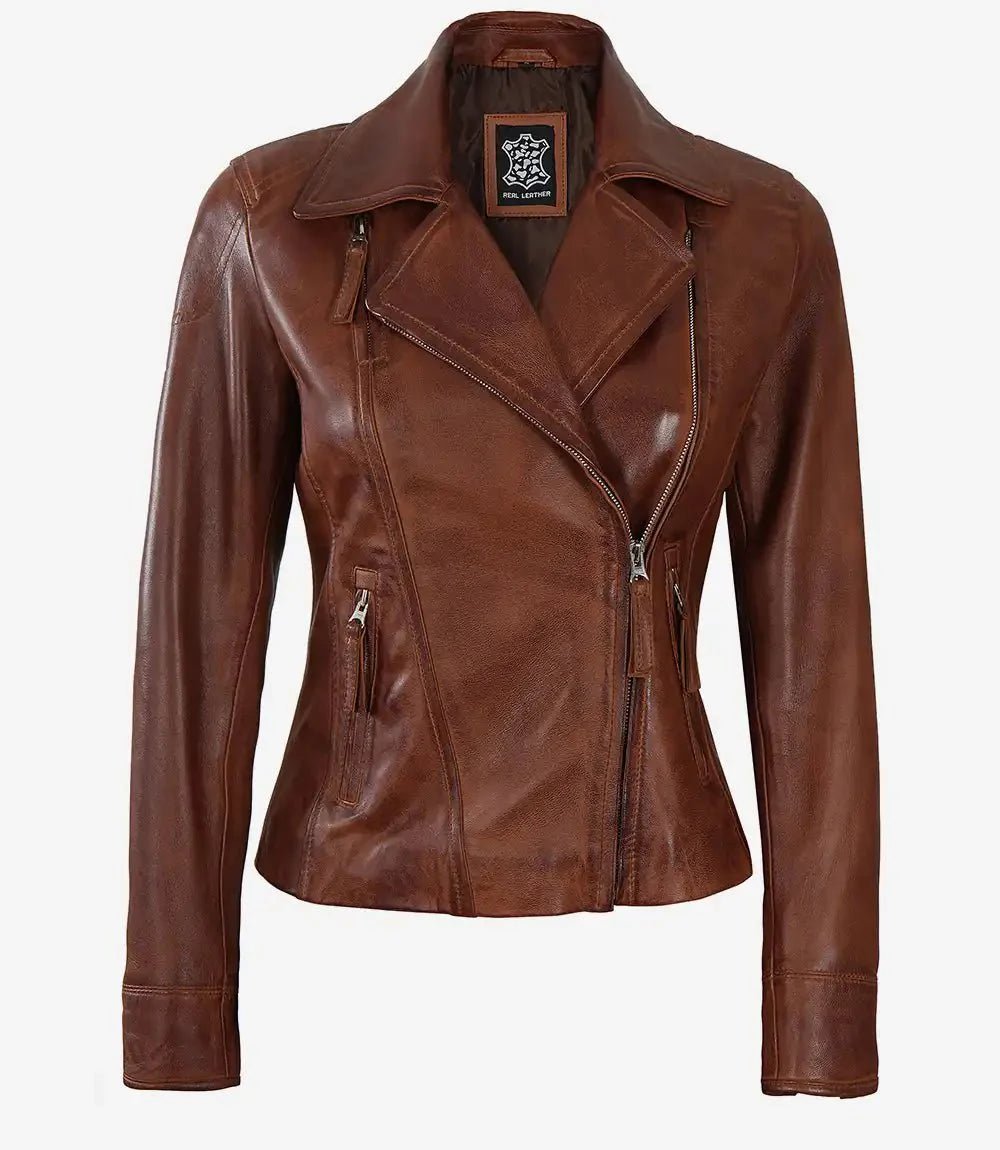 Ramsey Women's Cognac Brown Asymmetrical Leather Jacket - Vox Leather