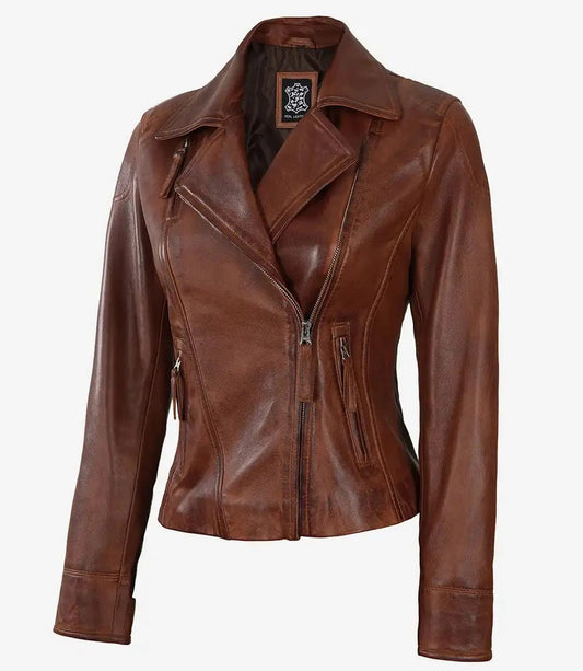 Ramsey Women's Cognac Brown Asymmetrical Leather Jacket - Vox Leather