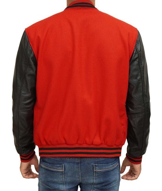 Red Varsity Jacket With Black Leather Sleeves - Vox Leather