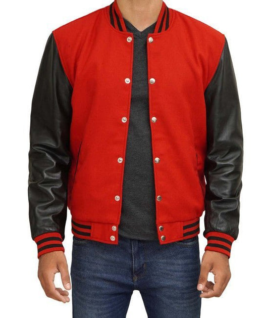 Red Varsity Jacket With Black Leather Sleeves - Vox Leather
