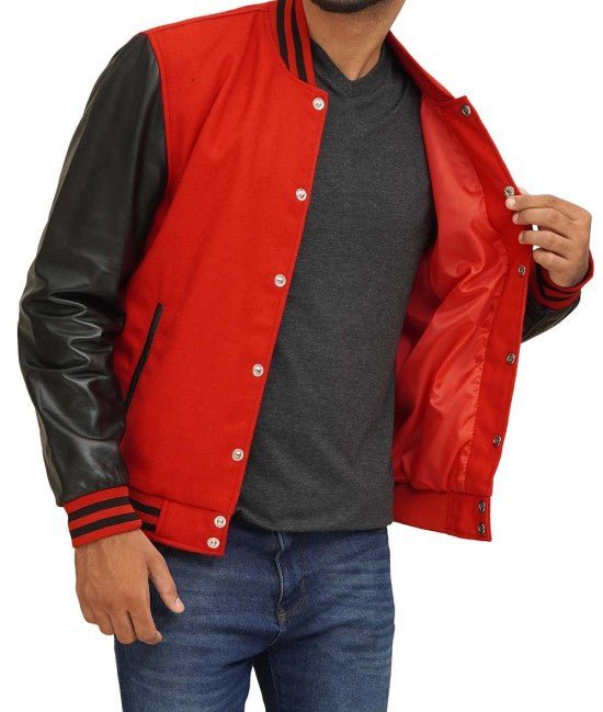 Red Varsity Jacket With Black Leather Sleeves - Vox Leather