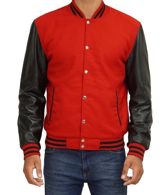 Red Varsity Jacket With Black Leather Sleeves - Vox Leather