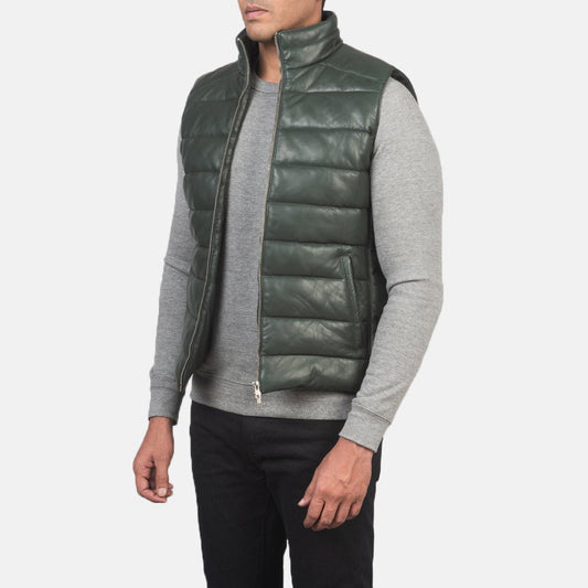 Reeves Green Leather Puffer Vest - Vox Leather