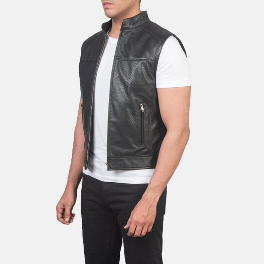 Roland Black Leather Biker Vest - Vox Leather