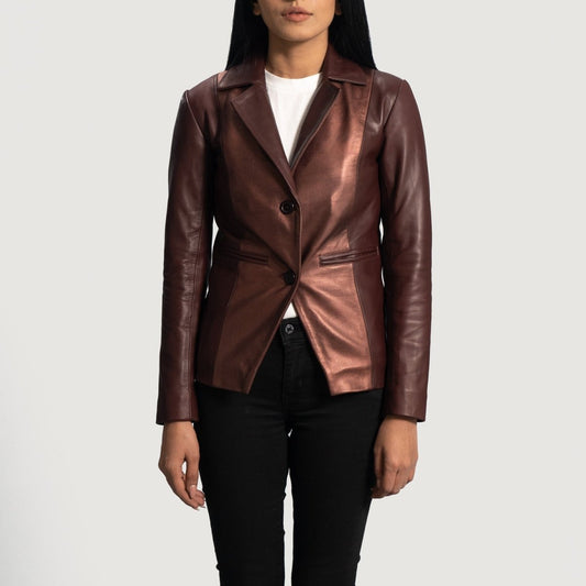 Ruby Metallic Maroon Leather Blazer - Vox Leather