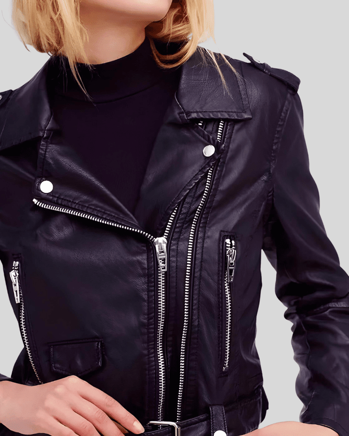Sara Black Biker Leather Jacket - Vox Leather