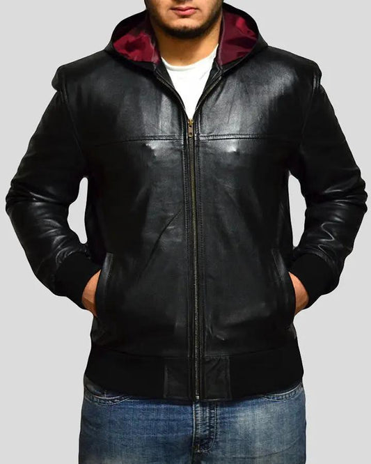 Shane Black Bomber Leather Jacket Hooded - Vox Leather