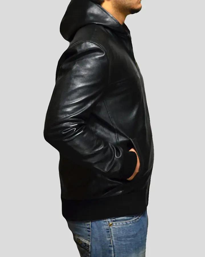Shane Black Bomber Leather Jacket Hooded - Vox Leather