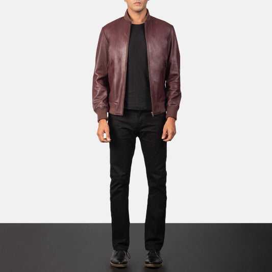 Shane Maroon Leather Bomber Jacket - Vox Leather