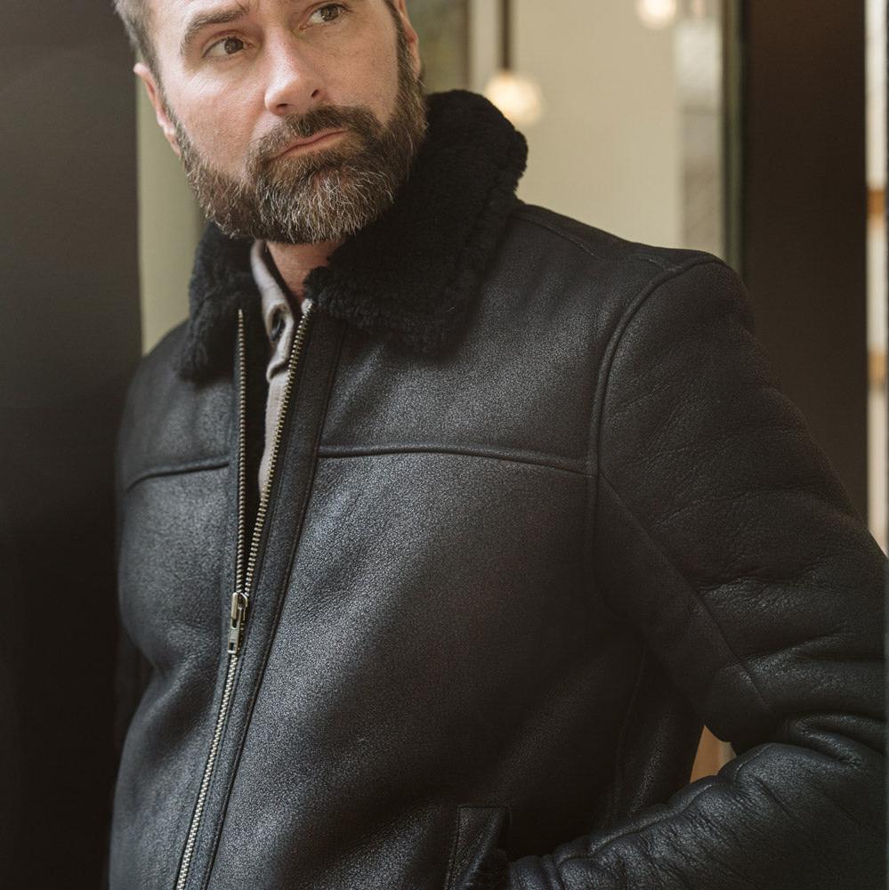 Shearling Leather Bomber Jacket | Black - Vox Leather