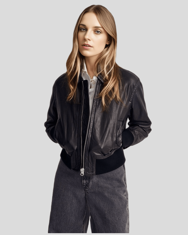 Sleek Cropped Black Leather Bomber Jacket - Rare Leather