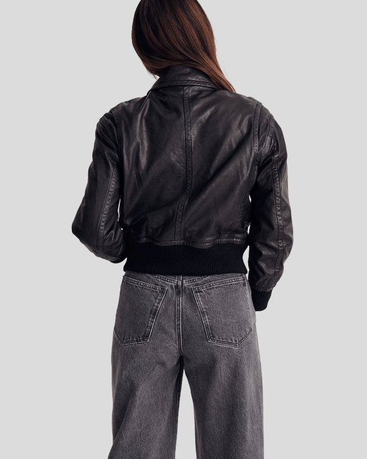 Sleek Cropped Black Leather Bomber Jacket - Rare Leather