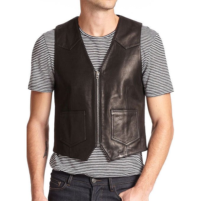 Slim Fit Black Biker Leather Vest Men's - Rare Leather