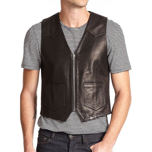 Slim Fit Black Biker Leather Vest Men's - Vox Leather