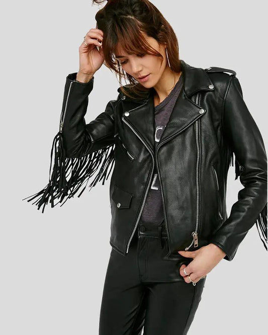 Sloane Black Biker Leather Jacket Tassels - Vox Leather