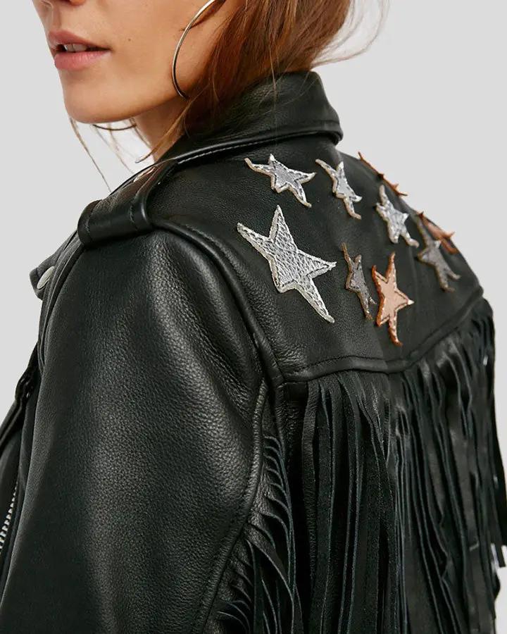 Sloane Black Biker Leather Jacket Tassels - Vox Leather