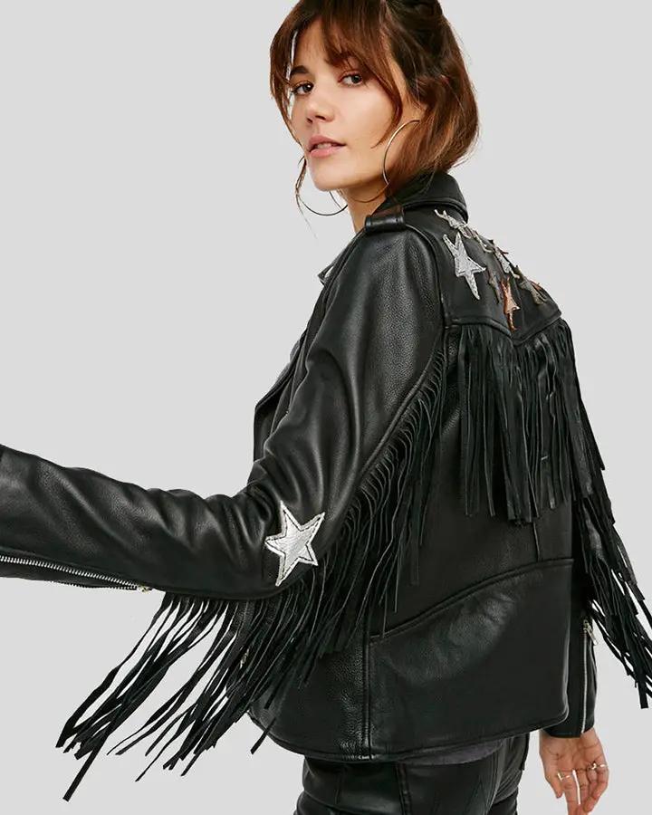 Sloane Black Biker Leather Jacket Tassels - Vox Leather
