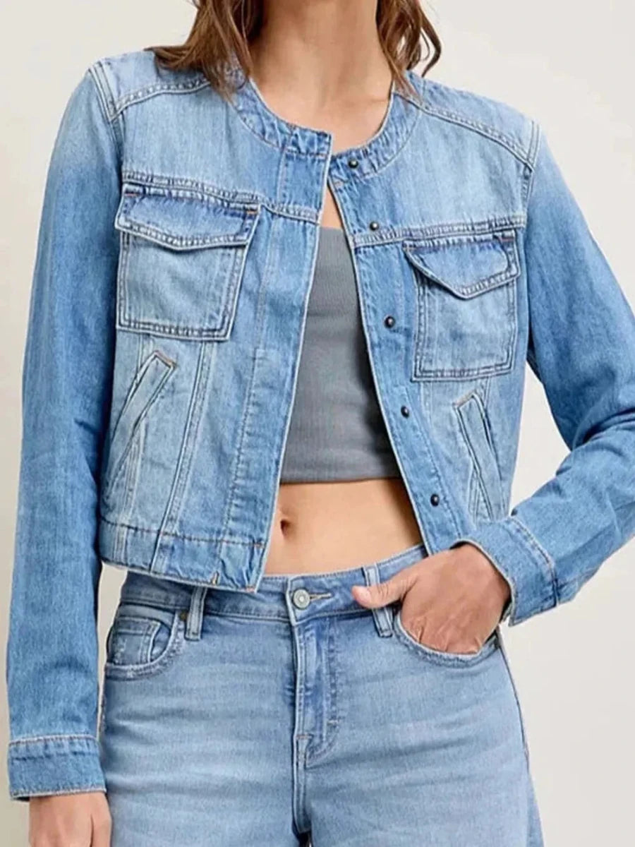 Snap Down Dropped Cargo Denim Jacket - Vox Leather