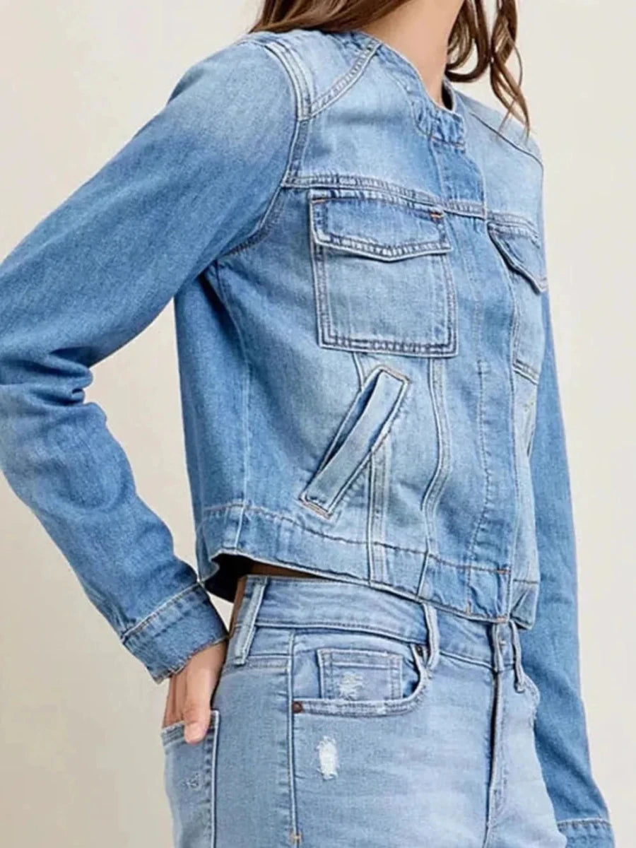 Snap Down Dropped Cargo Denim Jacket - Vox Leather