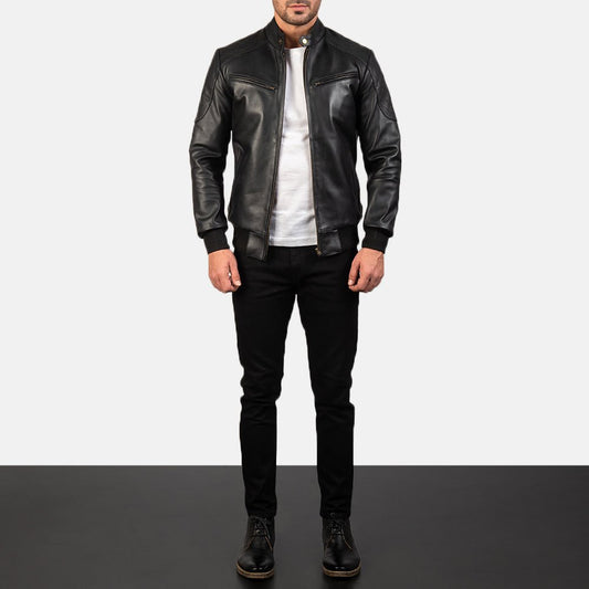 Sven Black Leather Bomber Jacket - Vox Leather