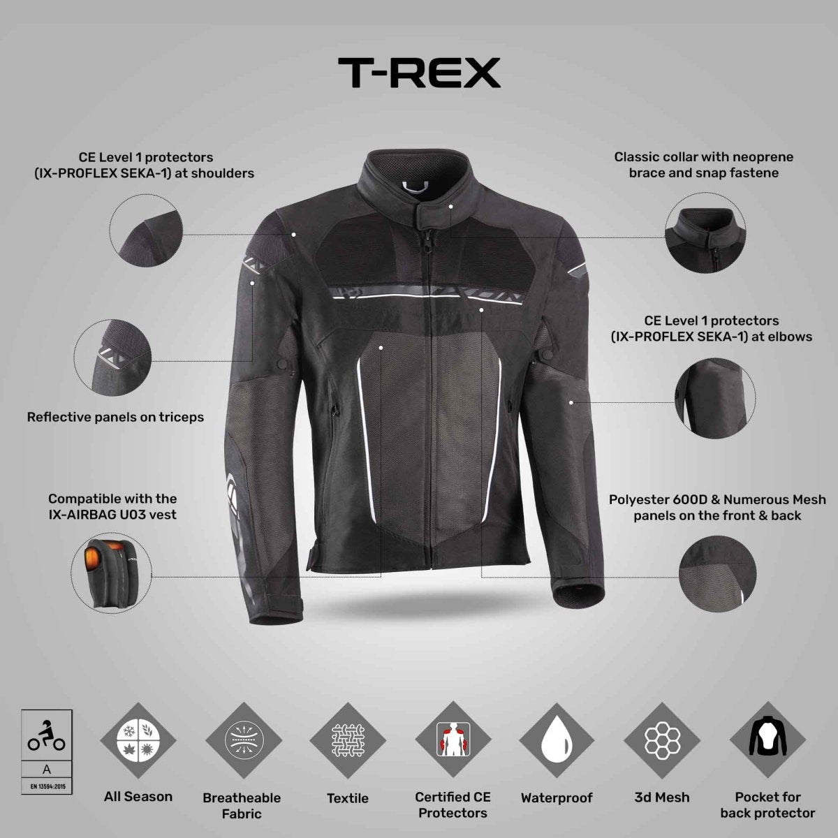 T-Rex - All Weather Riding Jacket (Black/Grey/White) - Vox Leather