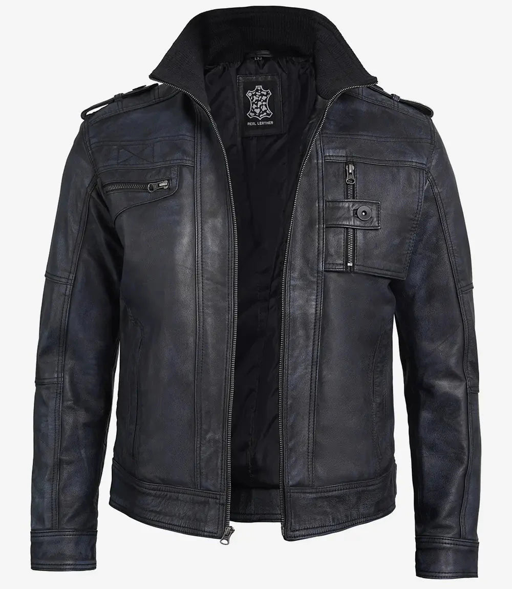 Tavares Mens Waxed Black Leather Biker Jacket - Rare Leather