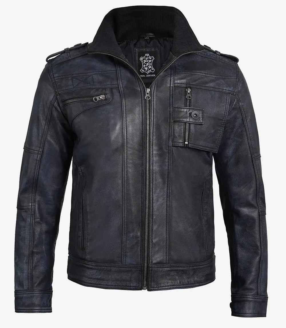 Tavares Mens Waxed Black Leather Biker Jacket - Rare Leather