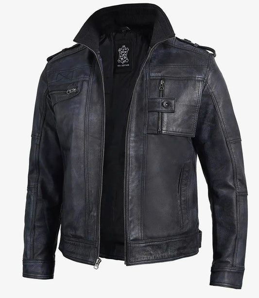 Tavares Mens Waxed Black Leather Biker Jacket - Vox Leather