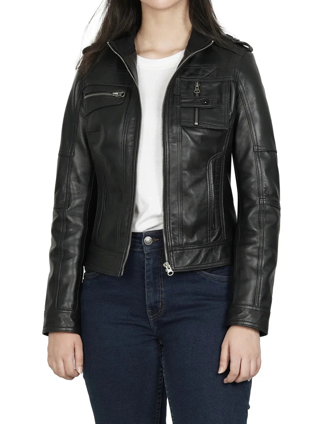 Tavares Womens Black Cafe Racer Leather Jacket - Rare Leather