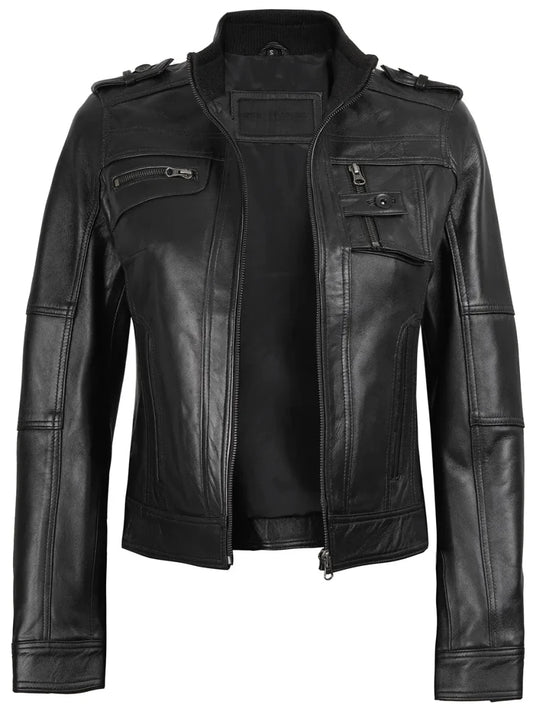 Tavares Womens Black Cafe Racer Leather Jacket - Vox Leather