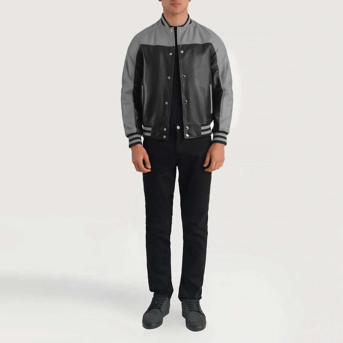 Terrance Black & Grey Leather Varsity Jacket - Vox Leather