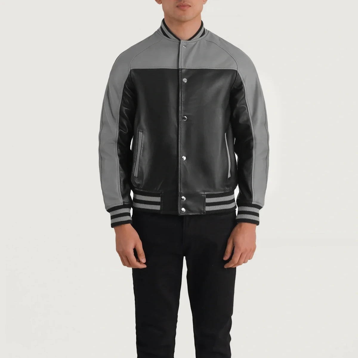 Terrance Black & Grey Leather Varsity Jacket - Vox Leather