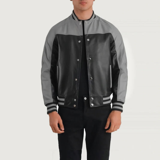 Terrance Black & Grey Leather Varsity Jacket - Vox Leather