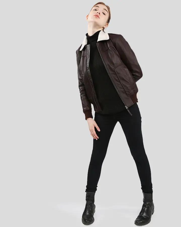 Thalia Brown Bomber Leather Jacket with Fur - Vox Leather