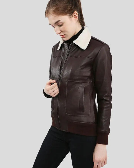 Thalia Brown Bomber Leather Jacket with Fur - Vox Leather