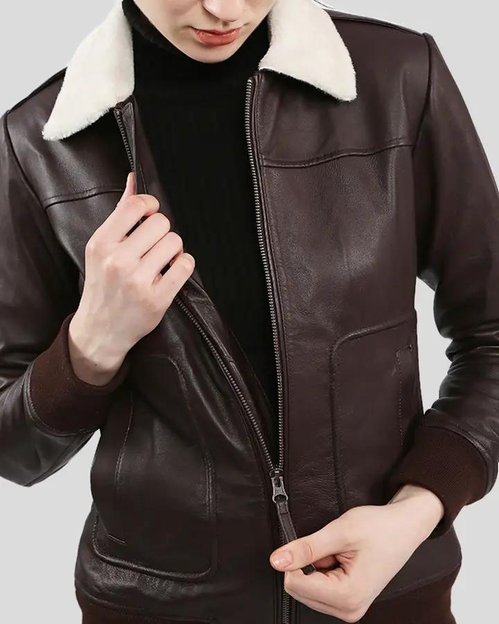 Thalia Brown Bomber Leather Jacket with Fur - Vox Leather
