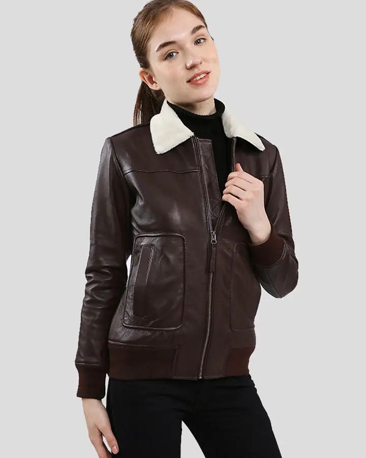 Thalia Brown Bomber Leather Jacket with Fur - Vox Leather