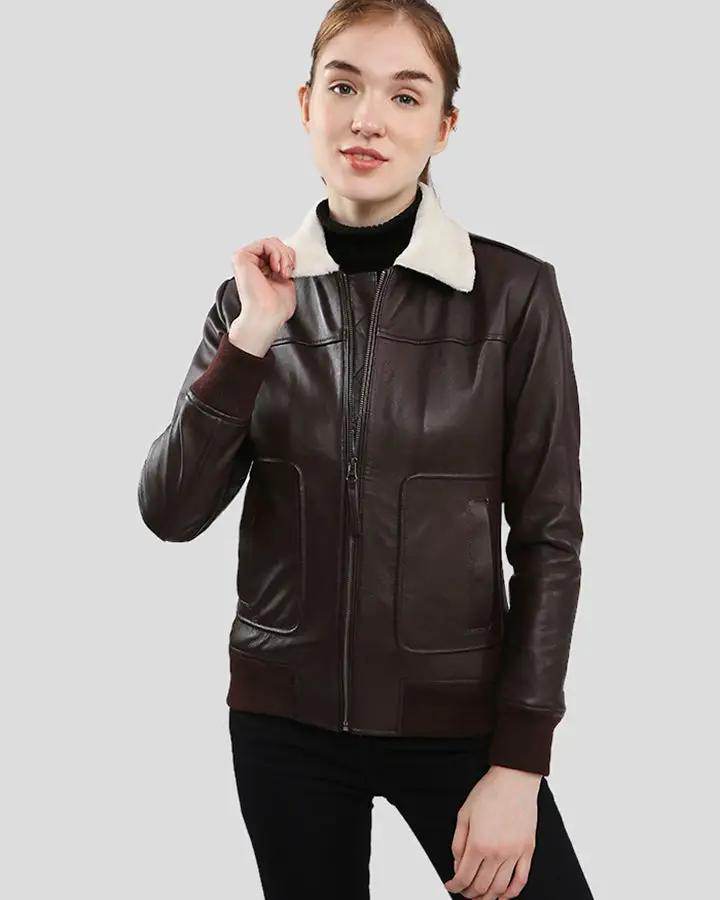 Thalia Brown Bomber Leather Jacket with Fur - Vox Leather