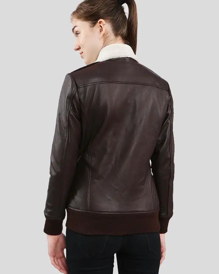 Thalia Brown Bomber Leather Jacket with Fur - Vox Leather