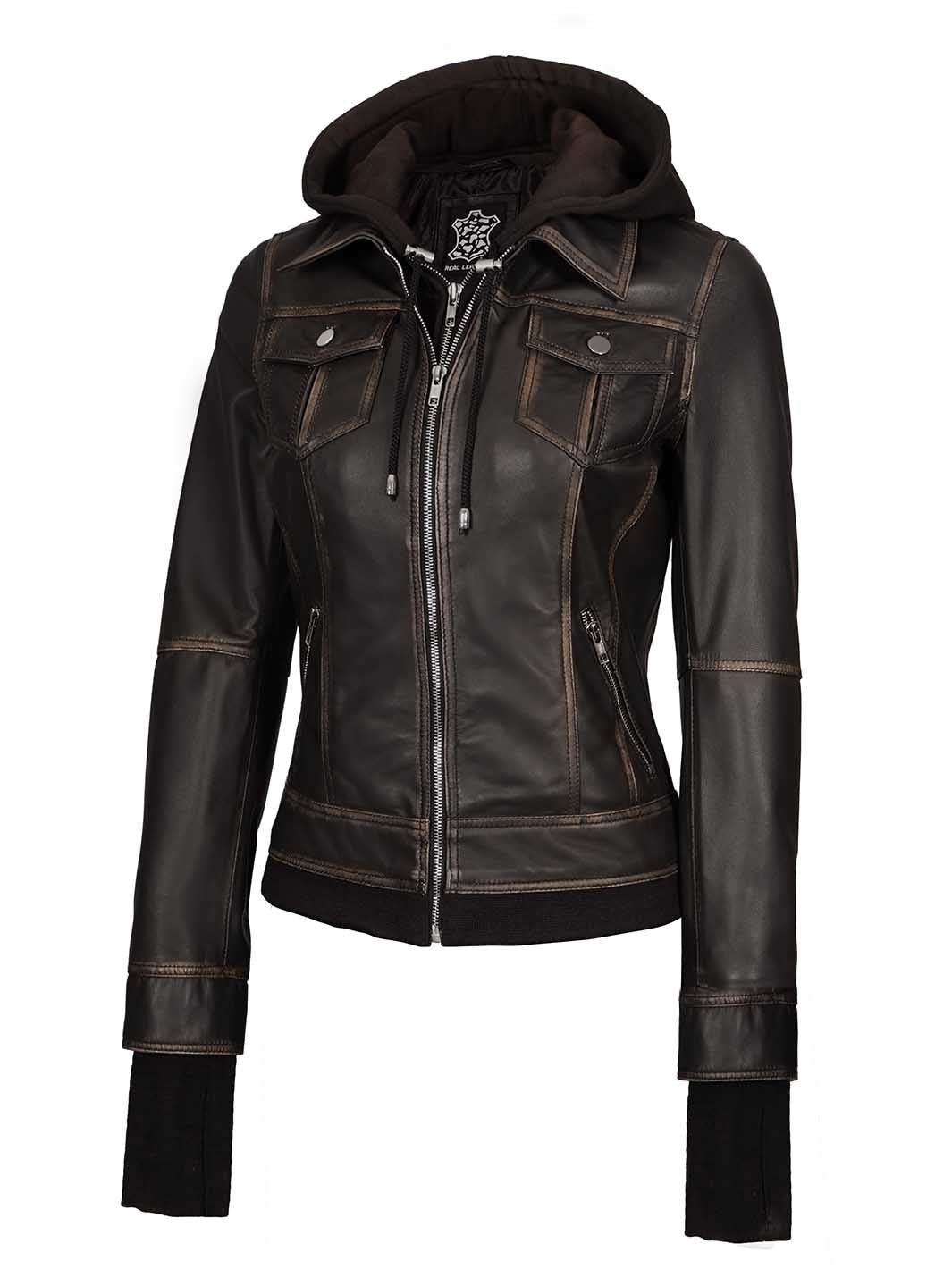 Tralee Women Dark Brown Bomber Leather Jacket With Removable Hood - Rare Leather