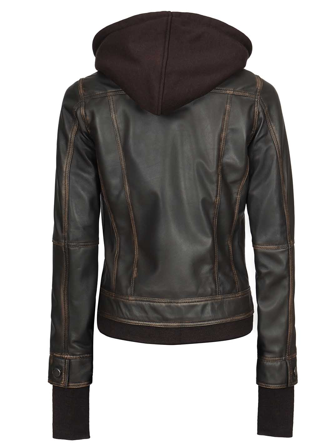 Tralee Women Dark Brown Bomber Leather Jacket With Removable Hood - Rare Leather