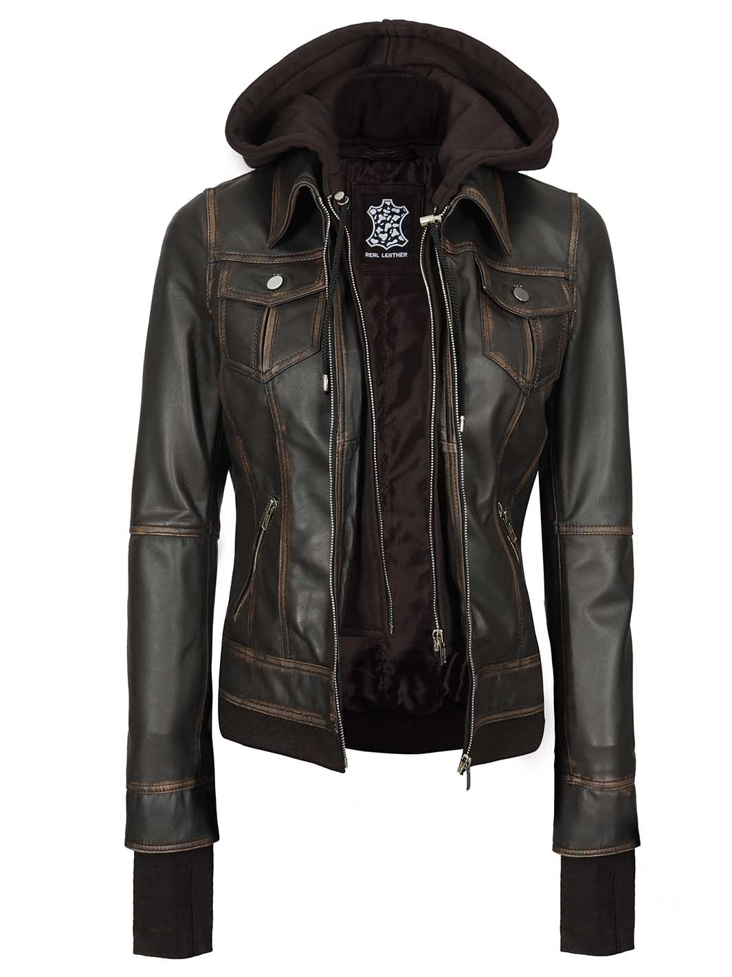 Tralee Women Dark Brown Bomber Leather Jacket With Removable Hood - Rare Leather