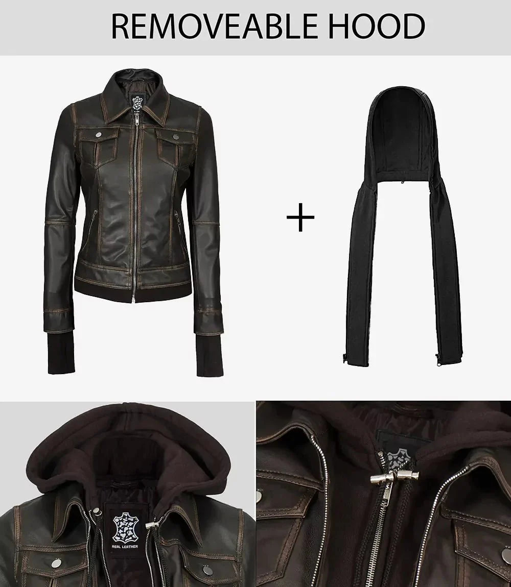Tralee Women Dark Brown Bomber Leather Jacket With Removable Hood - Rare Leather