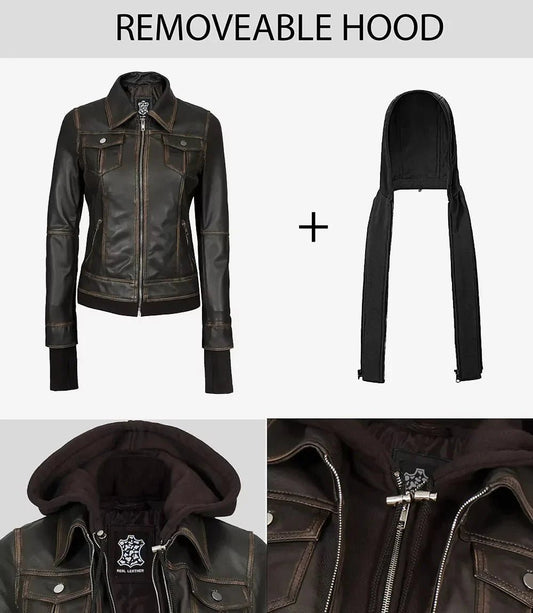 Tralee Women Dark Brown Bomber Leather Jacket With Removable Hood - Vox Leather