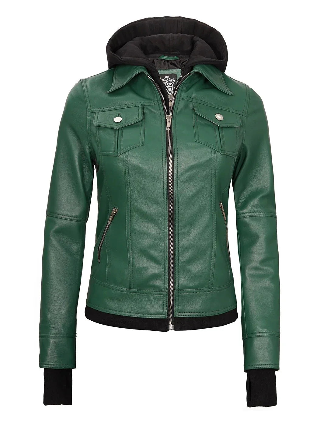 Tralee Women's Green Real Leather Jacket with Hood - Rare Leather