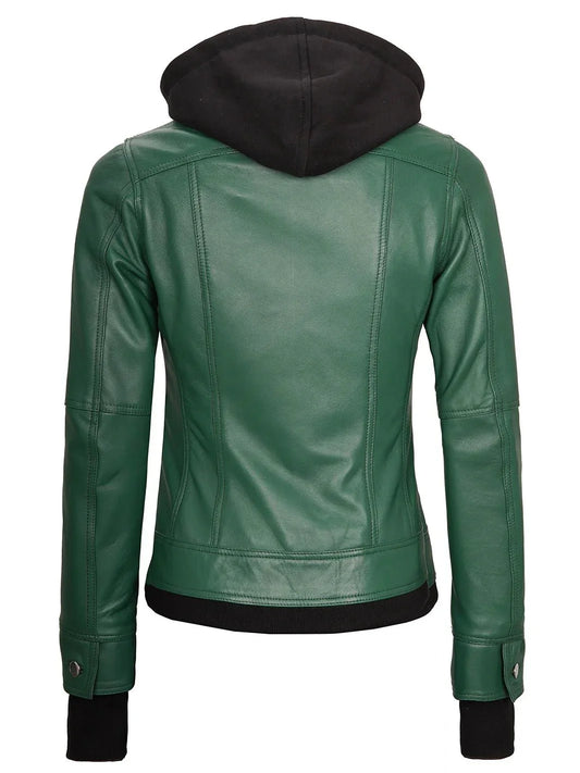 Tralee Women's Green Real Leather Jacket with Hood - Rare Leather