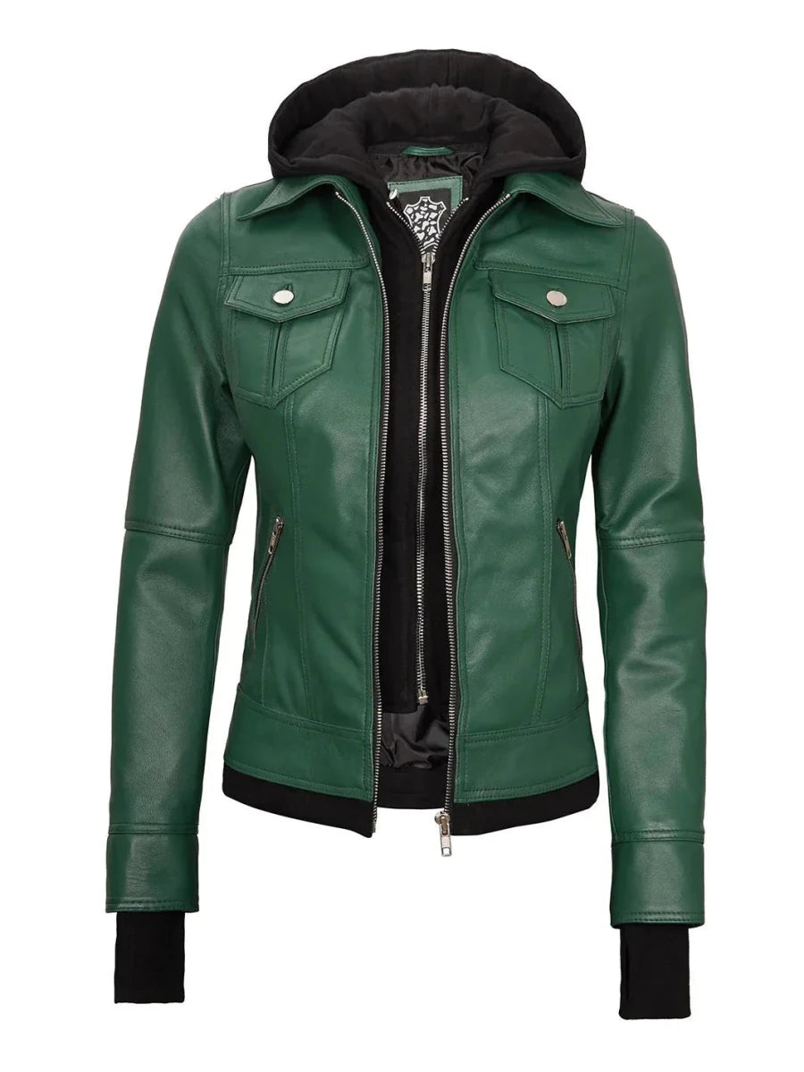 Tralee Women's Green Real Leather Jacket with Hood - Vox Leather