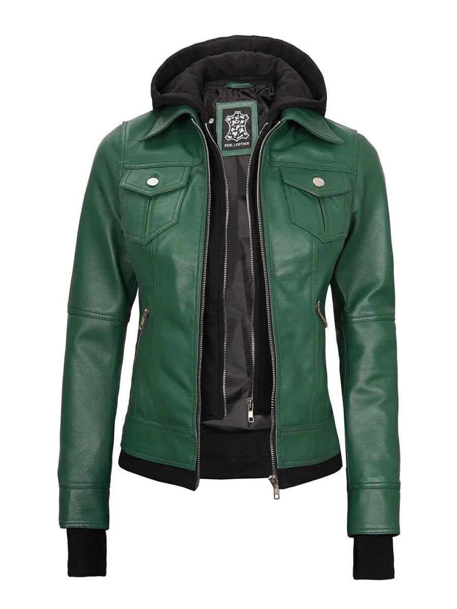 Tralee Women's Green Real Leather Jacket with Hood - Vox Leather